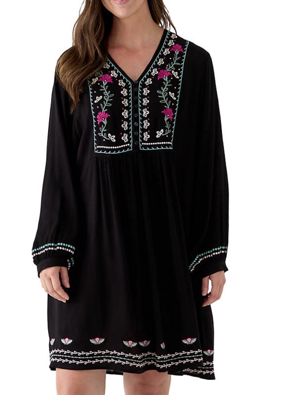 Wonderly Black Long-Sleeve Dress with Pink Floral Embroidery